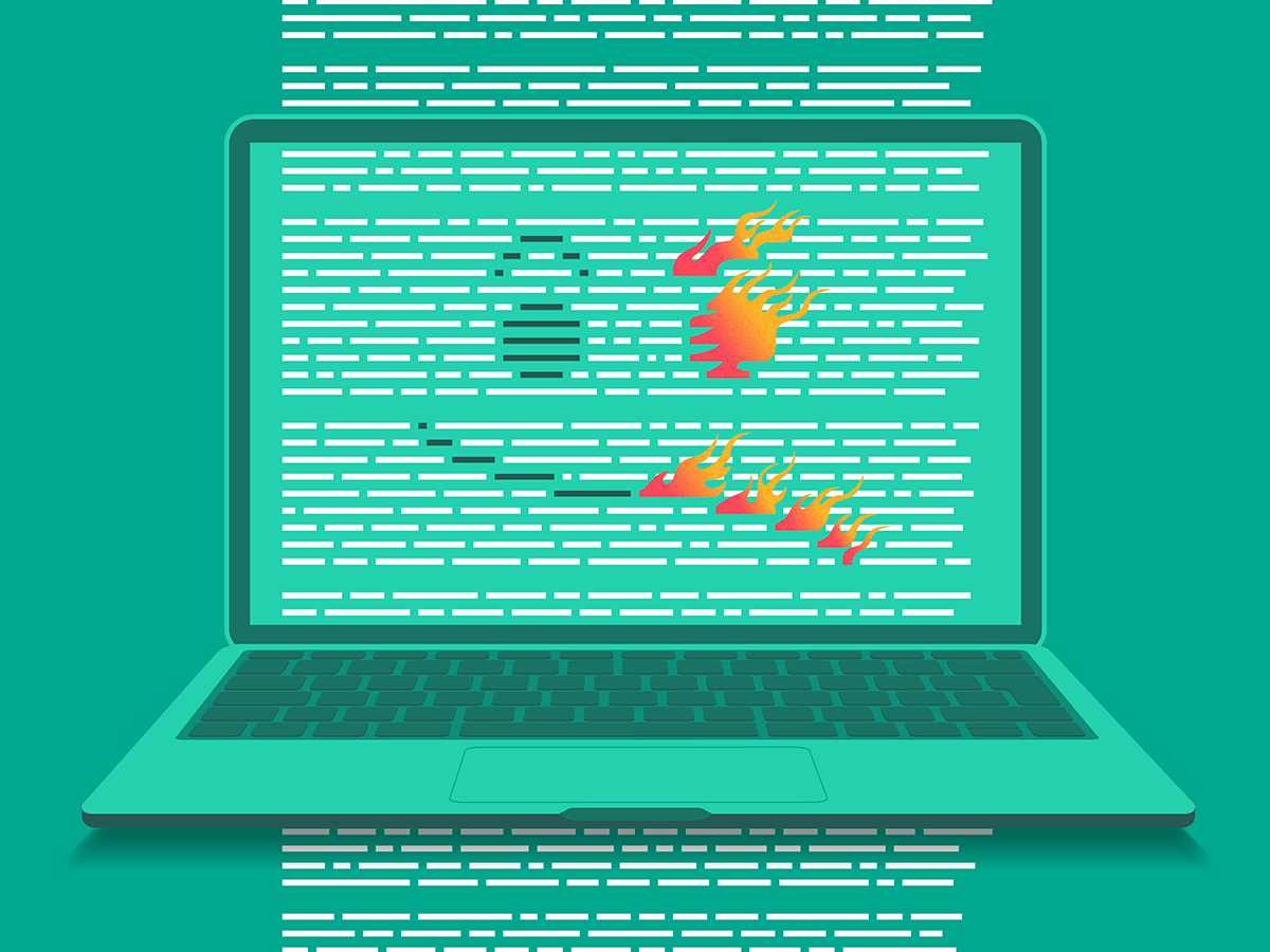 Face on a laptop screen processing data begins to catch fire